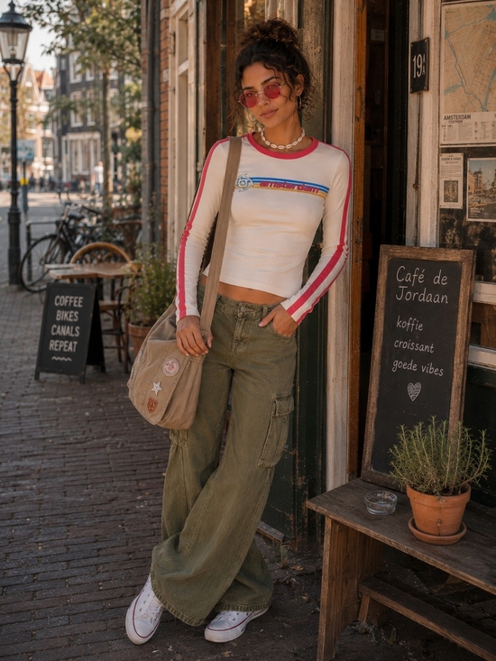 BDG Tops - Graphic Long Sleeve Top Y2K Baby Tee Cream Red Striped Fitted Medium
